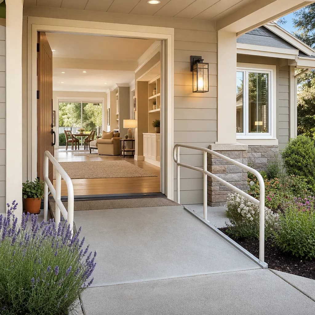 Furnished accessible home with a step-free entry, ramp, and handrails