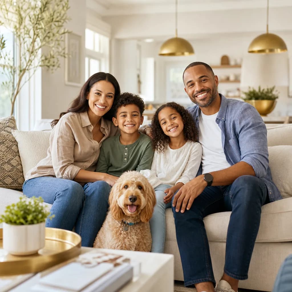Family relaxing with their dog in a Nova Havens verified furnished home