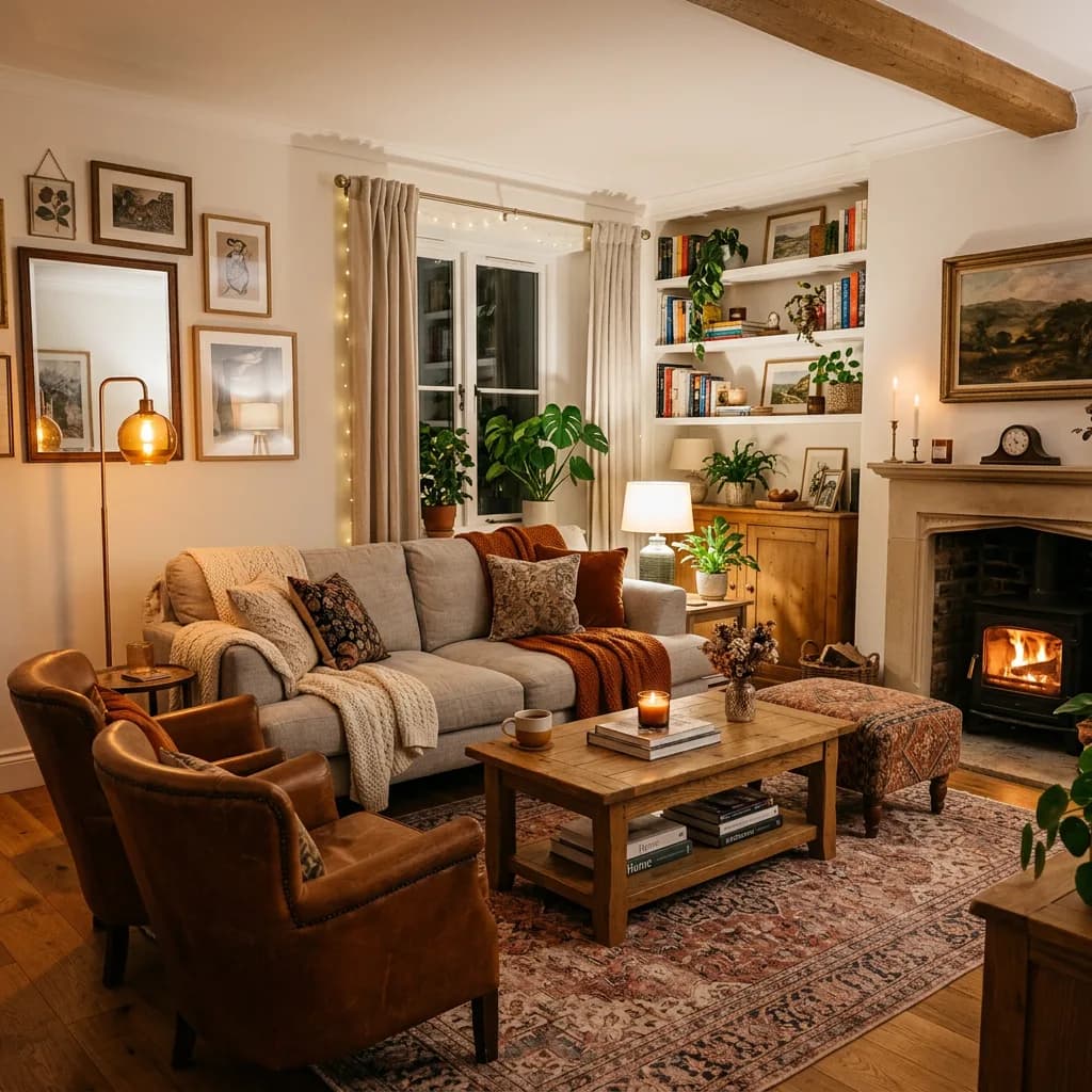 Bright furnished living room with modern sofa and open-plan kitchen — Nova Havens verified property